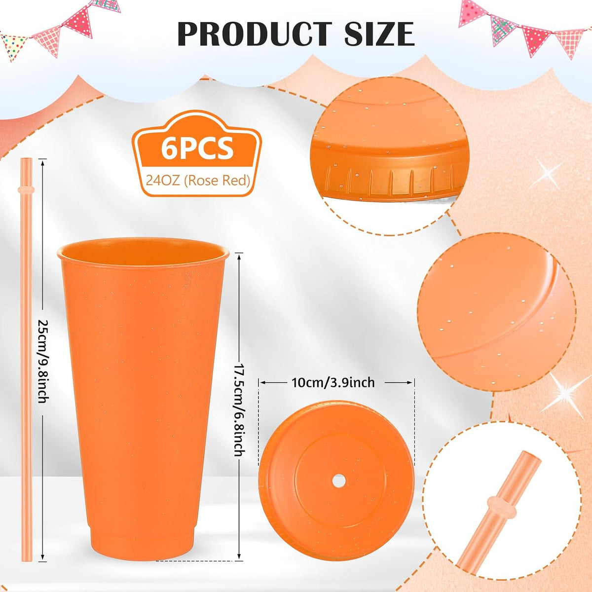 6 Pcs 24 oz Reusable Tumbler with Lid Straw, Glitter Cup, Clear