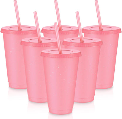 6 Pcs 24 oz Reusable Tumbler with Lid Straw, Glitter Cup, Clear