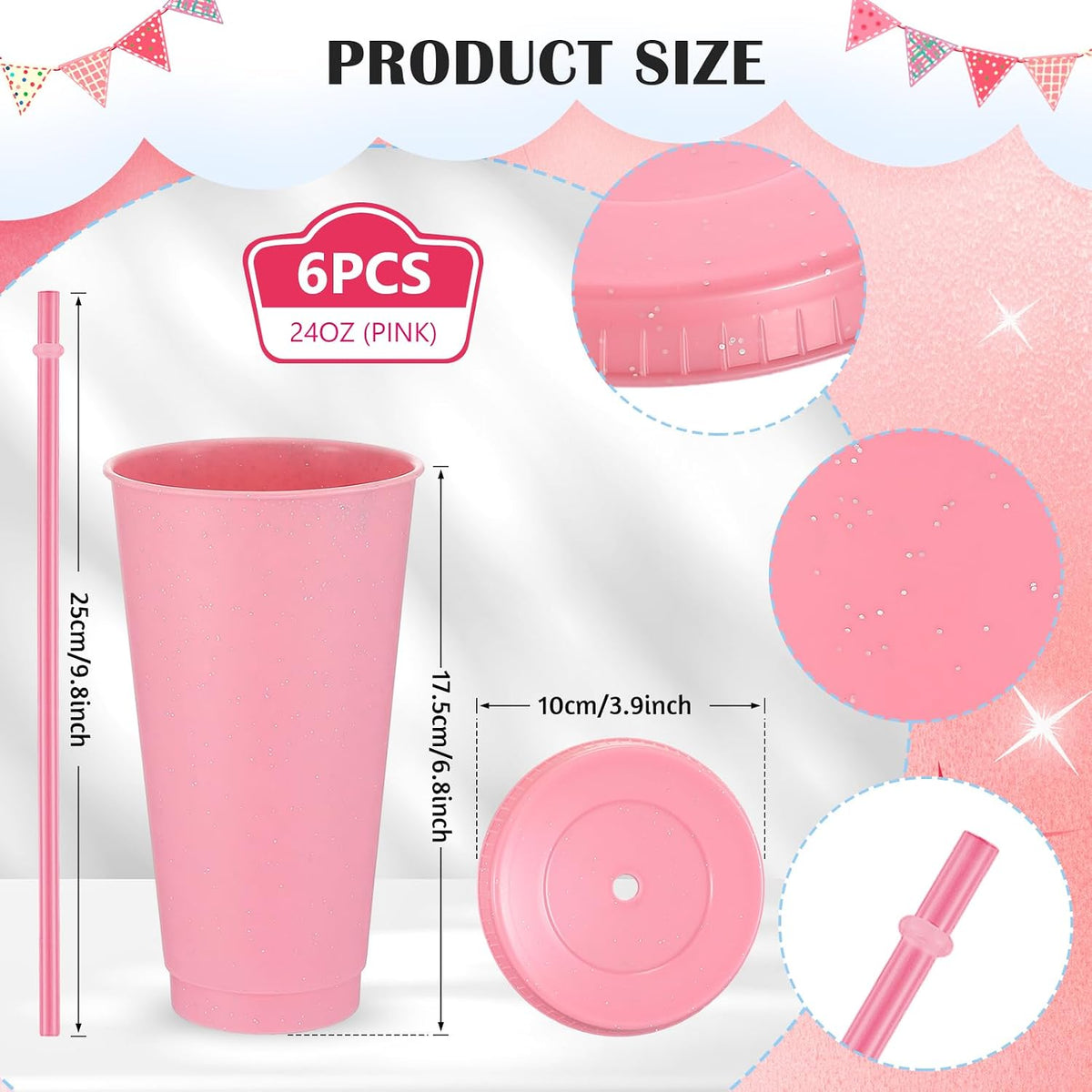 6 Pcs 24 oz Reusable Tumbler with Lid Straw, Glitter Cup, Clear