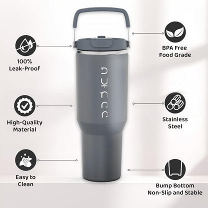 40 oz Insulated Tumbler with Handle & Straw | Grey Stainless Steel Vacuum Insulated Travel Mug with Lid, Leakproof & BPA-Free, Keeps Drinks Cold for 12 Hours and Hot for 6 Hours
