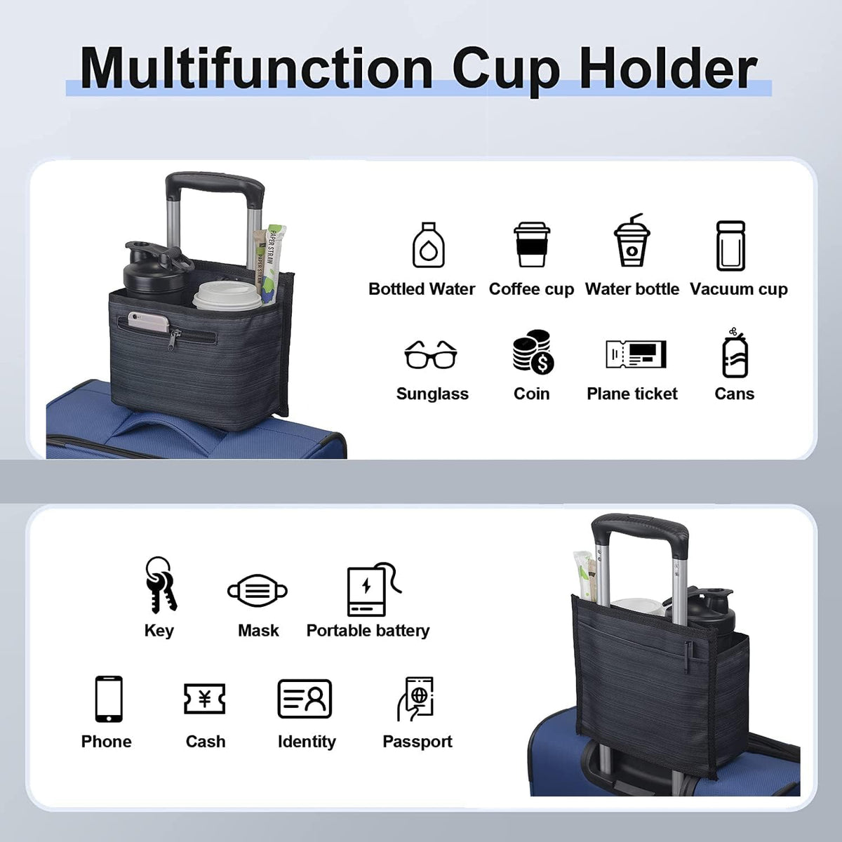 Luggage Travel Cup Holder for Suitcase, Drink Carrier for Coffee Tumblers