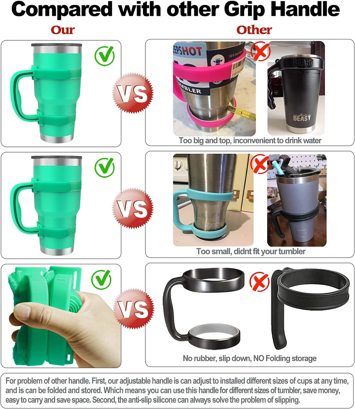 New Upgrade Anti-Slip Adjustable Tumbler Handle Fit for 20 Oz to 40 Oz All Brands Tumbler Cup of YETI, RTIC, Ozark Trail, Tervis, Corkcicle, Slm, Reduce Cold, Artic, Atlin, Bubba and SIC Etc