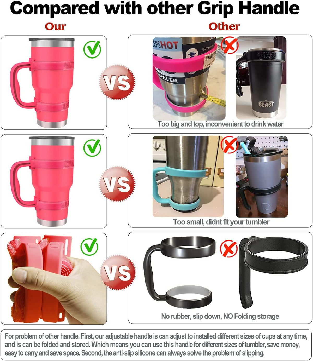 New Upgrade Anti-Slip Adjustable Tumbler Handle Fit for 20 Oz to 40 Oz All Brands Tumbler Cup of YETI, RTIC, Ozark Trail, Tervis, Corkcicle, Slm, Reduce Cold, Artic, Atlin, Bubba and SIC Etc