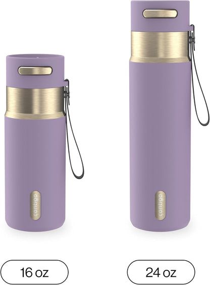 AutoSeal 24 oz Stainless Steel Vacuum-Insulated Water Bottle with Leakproof Push-Button Spout & Lock, Carry Strap, BPA-Free & Lead-Free, Dishwasher Safe