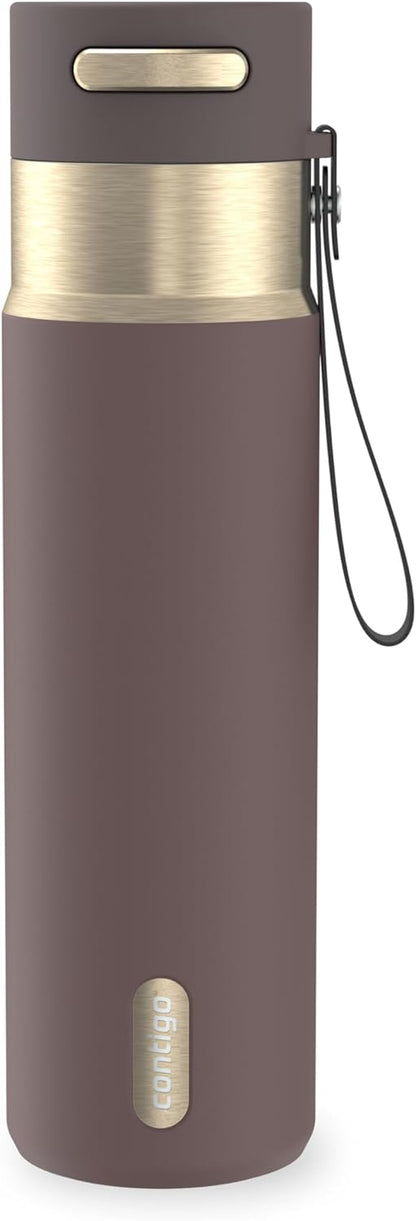 AutoSeal 24 oz Stainless Steel Vacuum-Insulated Water Bottle with Leakproof Push-Button Spout & Lock, Carry Strap, BPA-Free & Lead-Free, Dishwasher Safe