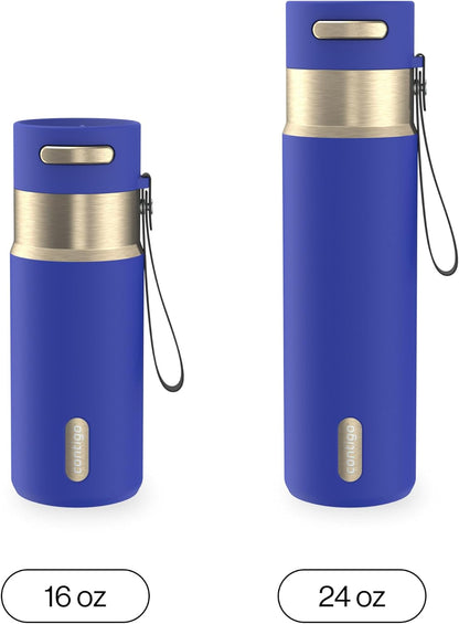 AutoSeal 24 oz Stainless Steel Vacuum-Insulated Water Bottle with Leakproof Push-Button Spout & Lock, Carry Strap, BPA-Free & Lead-Free, Dishwasher Safe