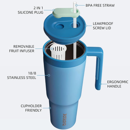 40 oz Tumbler with Handle, Straw & Lid, Insulated Stainless Steel | Travel, Double Wall Vacuum, Keeps Hot/Cold, Spill Proof, Fruit Infuser, BPA Free, Camping, Mint Green