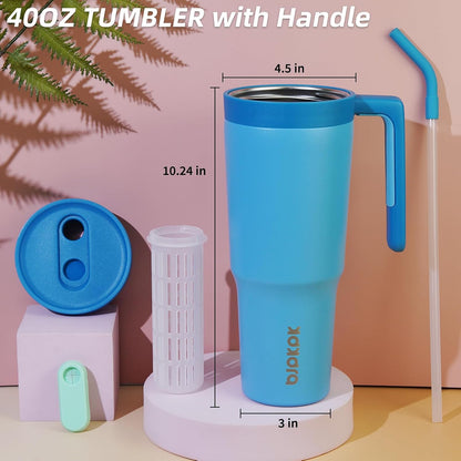 40 oz Tumbler with Handle, Straw & Lid, Insulated Stainless Steel | Travel, Double Wall Vacuum, Keeps Hot/Cold, Spill Proof, Fruit Infuser, BPA Free, Camping, Mint Green
