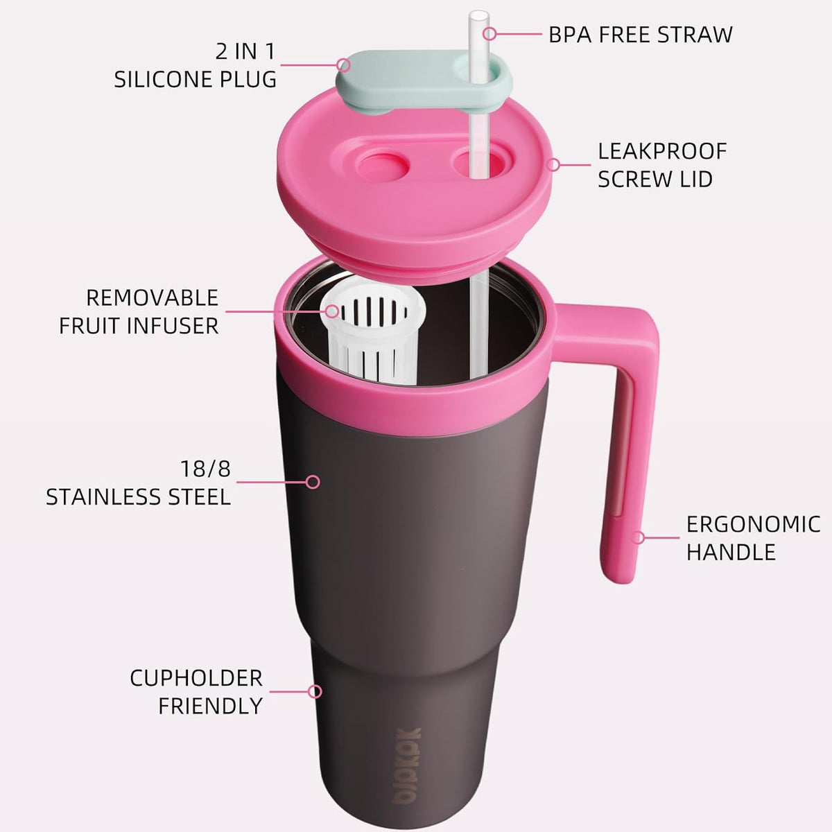 40 oz Tumbler with Handle, Straw & Lid, Insulated Stainless Steel | Travel, Double Wall Vacuum, Keeps Hot/Cold, Spill Proof, Fruit Infuser, BPA Free, Camping, Mint Green