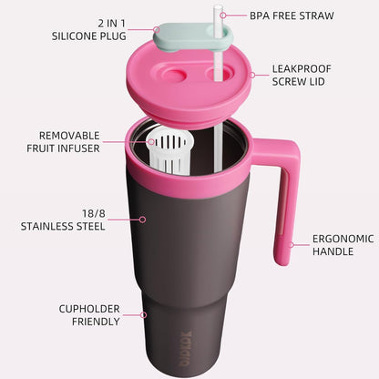 40 oz Tumbler with Handle, Straw & Lid, Insulated Stainless Steel | Travel, Double Wall Vacuum, Keeps Hot/Cold, Spill Proof, Fruit Infuser, BPA Free, Camping, Mint Green