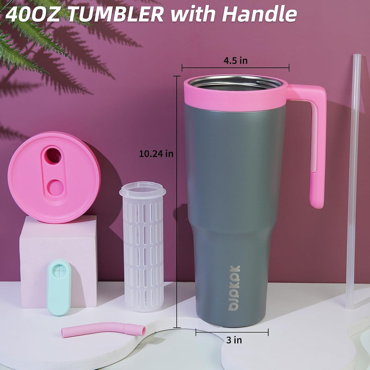 40 oz Tumbler with Handle, Straw & Lid, Insulated Stainless Steel | Travel, Double Wall Vacuum, Keeps Hot/Cold, Spill Proof, Fruit Infuser, BPA Free, Camping, Mint Green