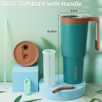 40 oz Tumbler with Handle, Straw & Lid, Insulated Stainless Steel | Travel, Double Wall Vacuum, Keeps Hot/Cold, Spill Proof, Fruit Infuser, BPA Free, Camping, Mint Green