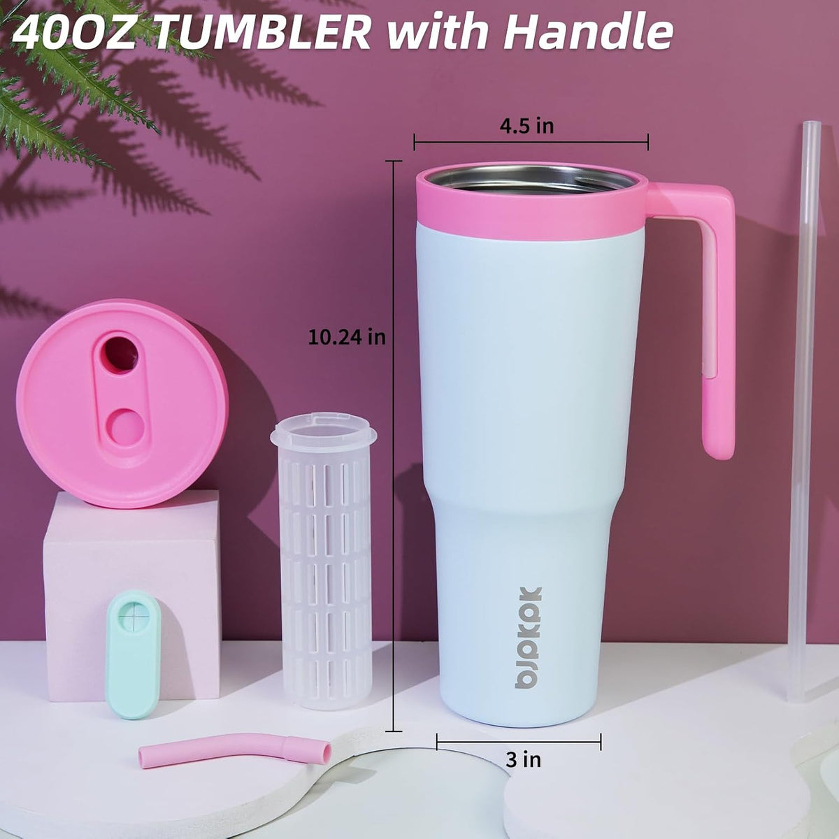 40 oz Tumbler with Handle, Straw & Lid, Insulated Stainless Steel | Travel, Double Wall Vacuum, Keeps Hot/Cold, Spill Proof, Fruit Infuser, BPA Free, Camping, Mint Green