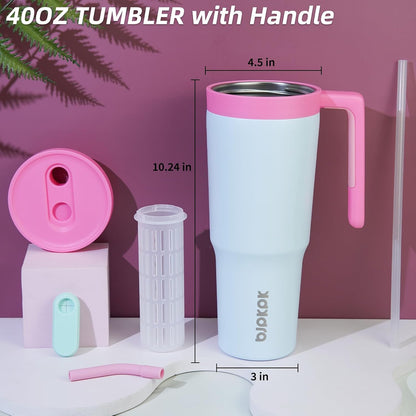 40 oz Tumbler with Handle, Straw & Lid, Insulated Stainless Steel | Travel, Double Wall Vacuum, Keeps Hot/Cold, Spill Proof, Fruit Infuser, BPA Free, Camping, Mint Green
