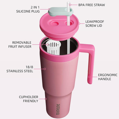 40 oz Tumbler with Handle, Straw & Lid, Insulated Stainless Steel | Travel, Double Wall Vacuum, Keeps Hot/Cold, Spill Proof, Fruit Infuser, BPA Free, Camping, Mint Green