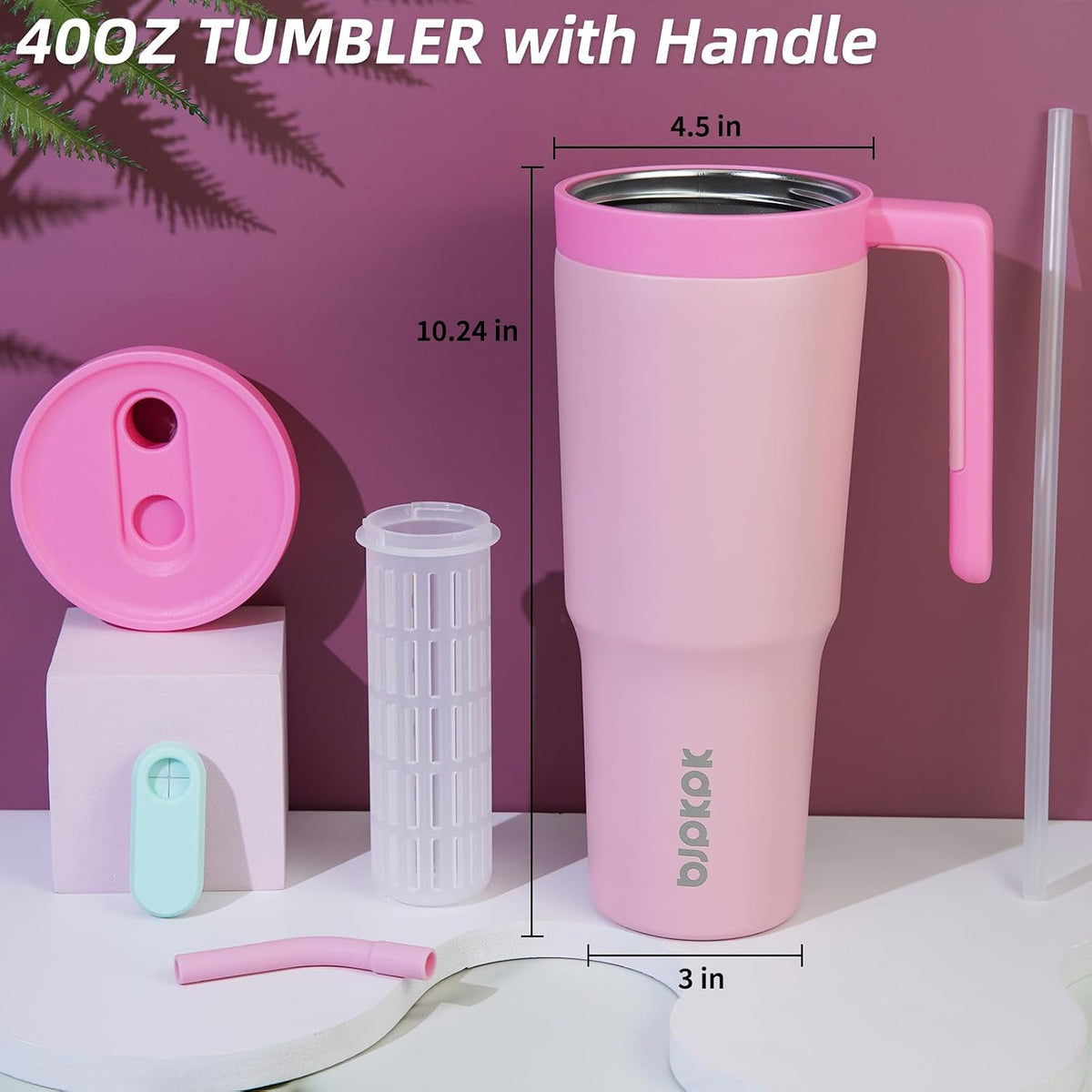 40 oz Tumbler with Handle, Straw & Lid, Insulated Stainless Steel | Travel, Double Wall Vacuum, Keeps Hot/Cold, Spill Proof, Fruit Infuser, BPA Free, Camping, Mint Green