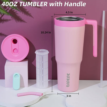 40 oz Tumbler with Handle, Straw & Lid, Insulated Stainless Steel | Travel, Double Wall Vacuum, Keeps Hot/Cold, Spill Proof, Fruit Infuser, BPA Free, Camping, Mint Green