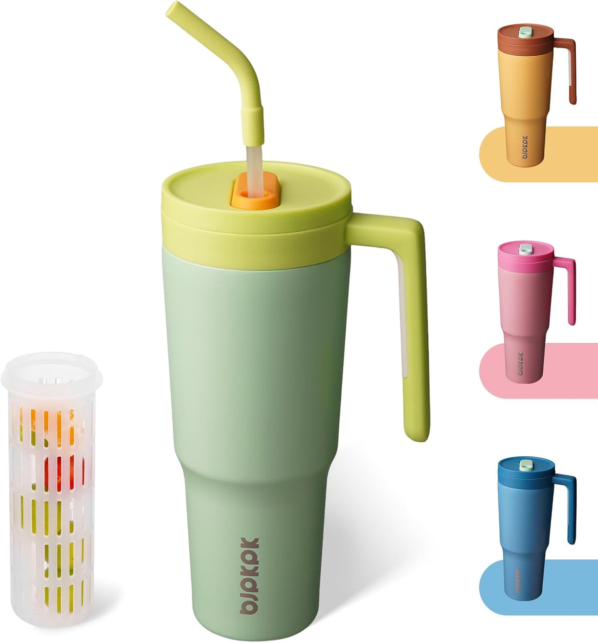 40 oz Tumbler with Handle, Straw & Lid, Insulated Stainless Steel | Travel, Double Wall Vacuum, Keeps Hot/Cold, Spill Proof, Fruit Infuser, BPA Free, Camping, Mint Green