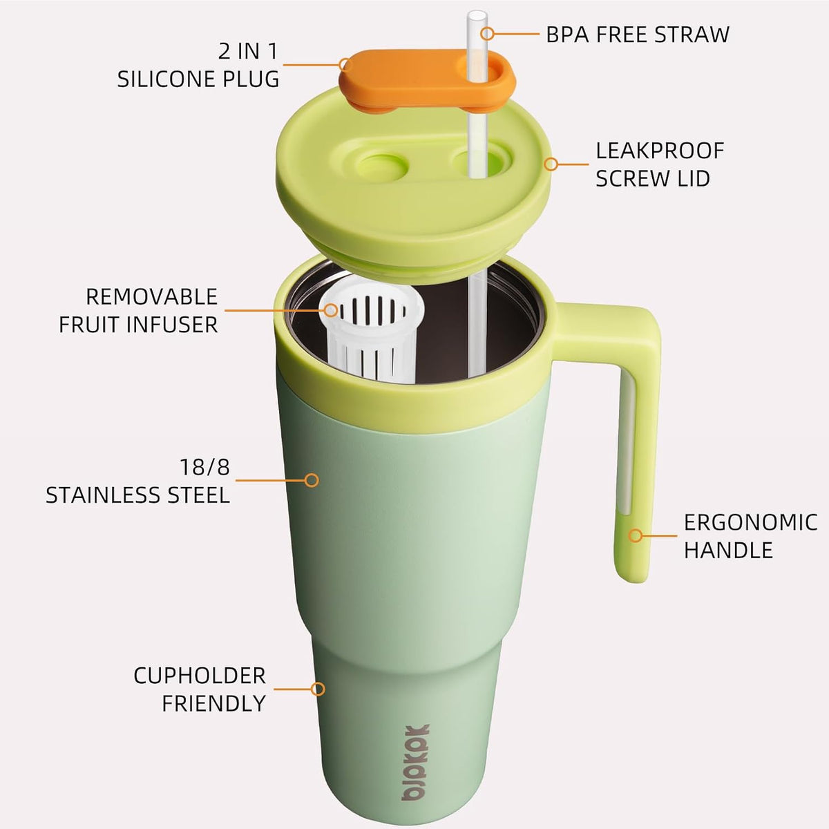 40 oz Tumbler with Handle, Straw & Lid, Insulated Stainless Steel | Travel, Double Wall Vacuum, Keeps Hot/Cold, Spill Proof, Fruit Infuser, BPA Free, Camping, Mint Green