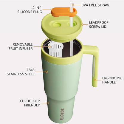 40 oz Tumbler with Handle, Straw & Lid, Insulated Stainless Steel | Travel, Double Wall Vacuum, Keeps Hot/Cold, Spill Proof, Fruit Infuser, BPA Free, Camping, Mint Green