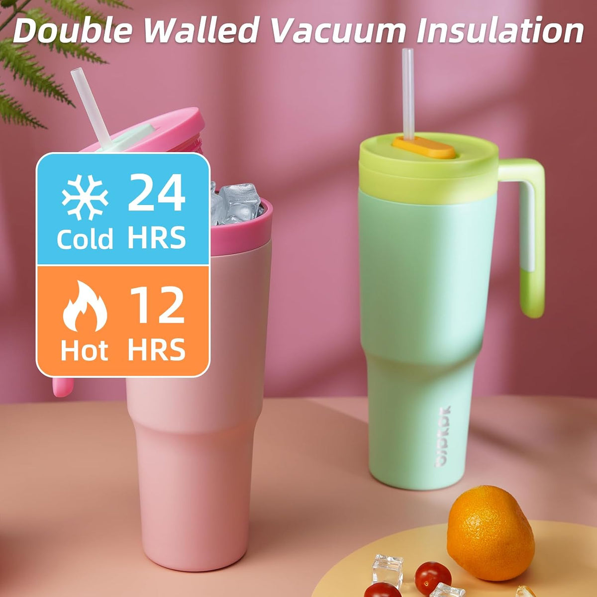40 oz Tumbler with Handle, Straw & Lid, Insulated Stainless Steel | Travel, Double Wall Vacuum, Keeps Hot/Cold, Spill Proof, Fruit Infuser, BPA Free, Camping, Mint Green