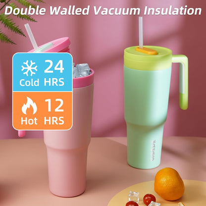 40 oz Tumbler with Handle, Straw & Lid, Insulated Stainless Steel | Travel, Double Wall Vacuum, Keeps Hot/Cold, Spill Proof, Fruit Infuser, BPA Free, Camping, Mint Green