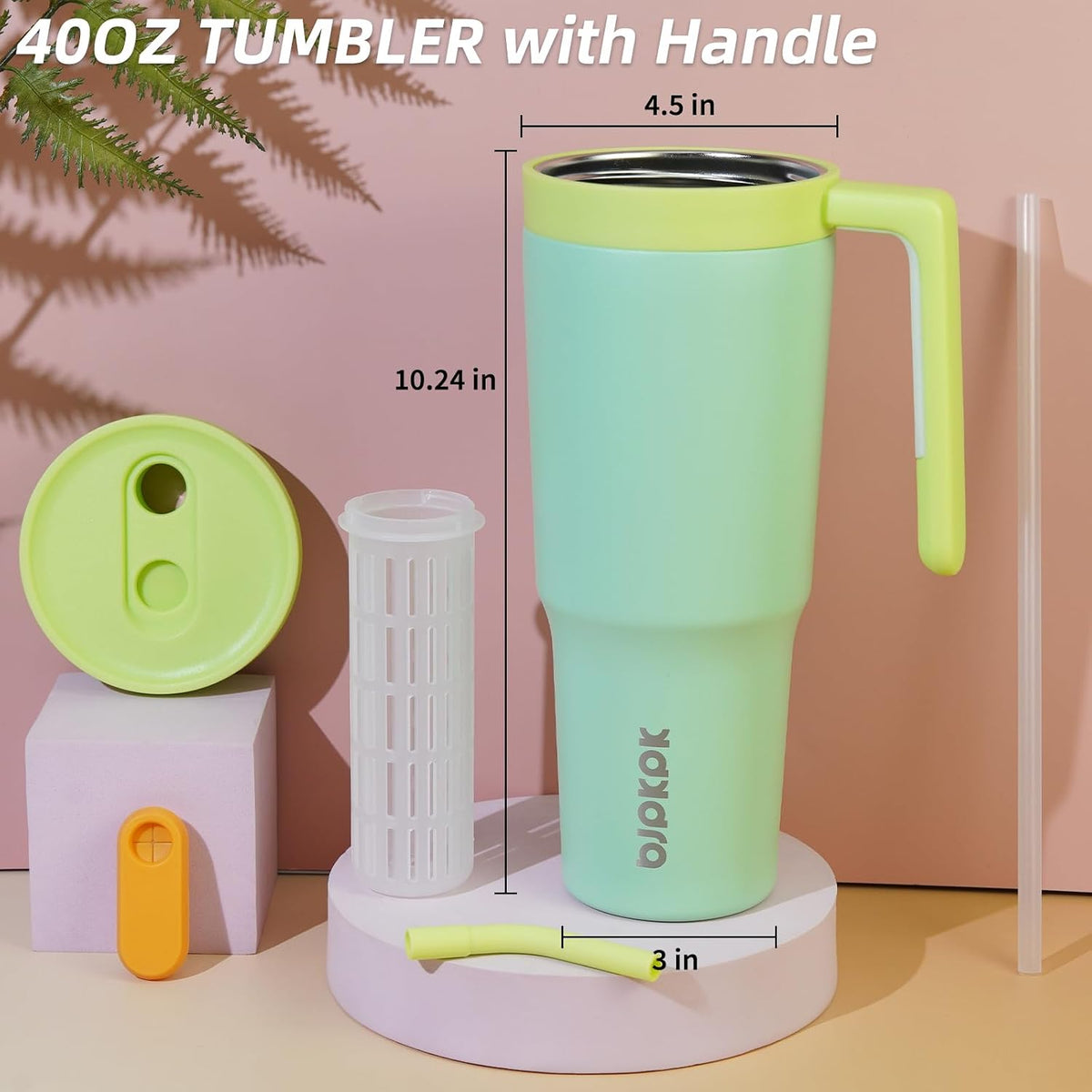 40 oz Tumbler with Handle, Straw & Lid, Insulated Stainless Steel | Travel, Double Wall Vacuum, Keeps Hot/Cold, Spill Proof, Fruit Infuser, BPA Free, Camping, Mint Green