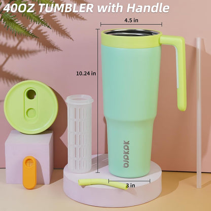 40 oz Tumbler with Handle, Straw & Lid, Insulated Stainless Steel | Travel, Double Wall Vacuum, Keeps Hot/Cold, Spill Proof, Fruit Infuser, BPA Free, Camping, Mint Green