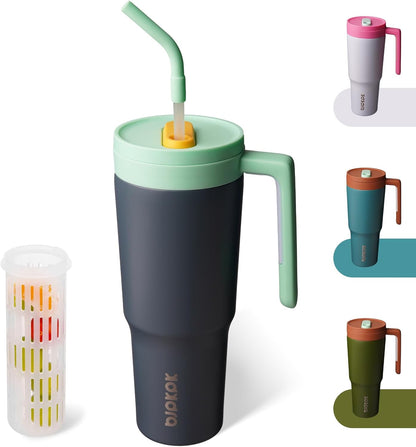 40 oz Tumbler with Handle, Straw & Lid, Insulated Stainless Steel | Travel, Double Wall Vacuum, Keeps Hot/Cold, Spill Proof, Fruit Infuser, BPA Free, Camping, Mint Green