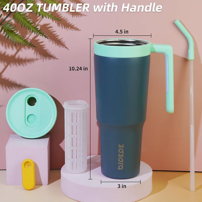 40 oz Tumbler with Handle, Straw & Lid, Insulated Stainless Steel | Travel, Double Wall Vacuum, Keeps Hot/Cold, Spill Proof, Fruit Infuser, BPA Free, Camping, Mint Green