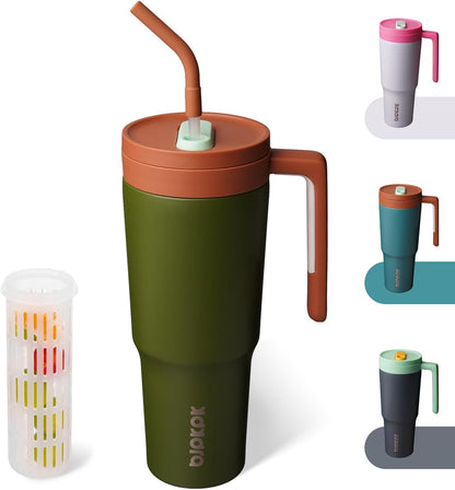 40 oz Tumbler with Handle, Straw & Lid, Insulated Stainless Steel | Travel, Double Wall Vacuum, Keeps Hot/Cold, Spill Proof, Fruit Infuser, BPA Free, Camping, Mint Green