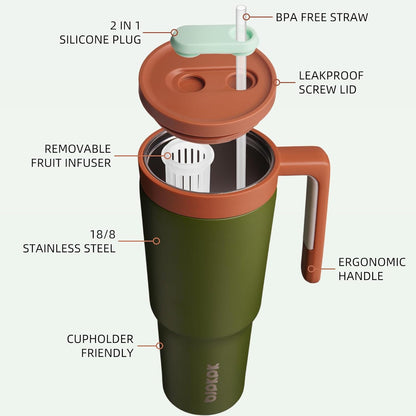40 oz Tumbler with Handle, Straw & Lid, Insulated Stainless Steel | Travel, Double Wall Vacuum, Keeps Hot/Cold, Spill Proof, Fruit Infuser, BPA Free, Camping, Mint Green