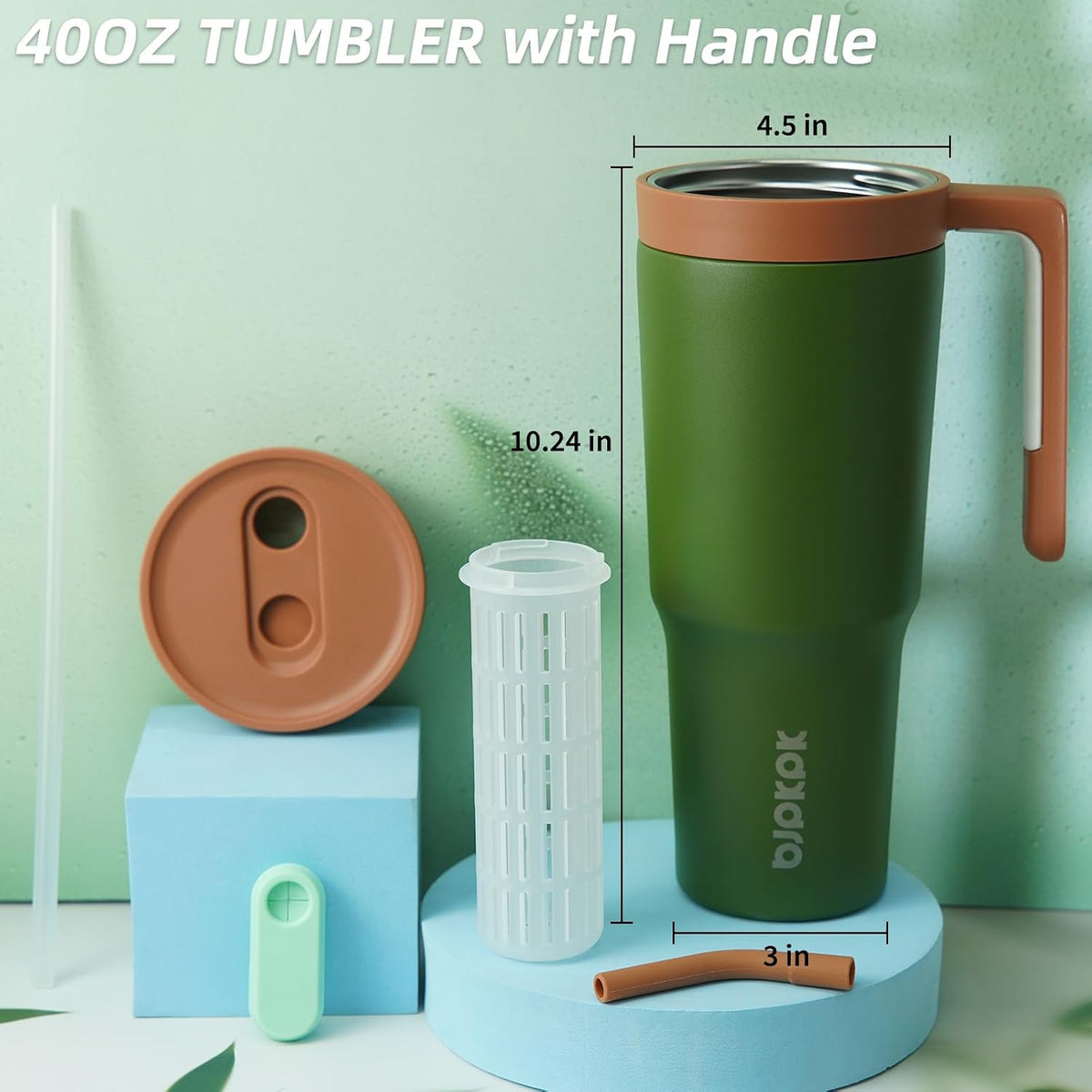 40 oz Tumbler with Handle, Straw & Lid, Insulated Stainless Steel | Travel, Double Wall Vacuum, Keeps Hot/Cold, Spill Proof, Fruit Infuser, BPA Free, Camping, Mint Green