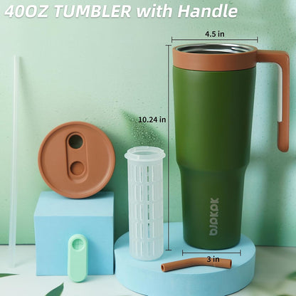 40 oz Tumbler with Handle, Straw & Lid, Insulated Stainless Steel | Travel, Double Wall Vacuum, Keeps Hot/Cold, Spill Proof, Fruit Infuser, BPA Free, Camping, Mint Green
