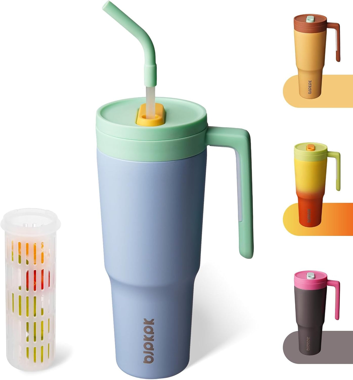 40 oz Tumbler with Handle, Straw & Lid, Insulated Stainless Steel | Travel, Double Wall Vacuum, Keeps Hot/Cold, Spill Proof, Fruit Infuser, BPA Free, Camping, Mint Green