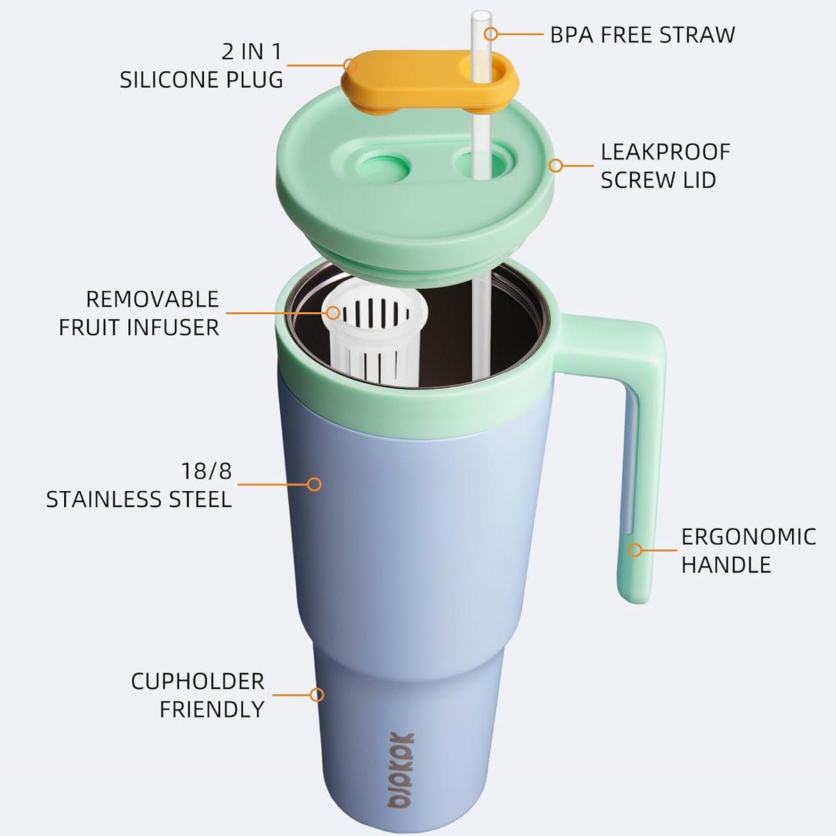 40 oz Tumbler with Handle, Straw & Lid, Insulated Stainless Steel | Travel, Double Wall Vacuum, Keeps Hot/Cold, Spill Proof, Fruit Infuser, BPA Free, Camping, Mint Green