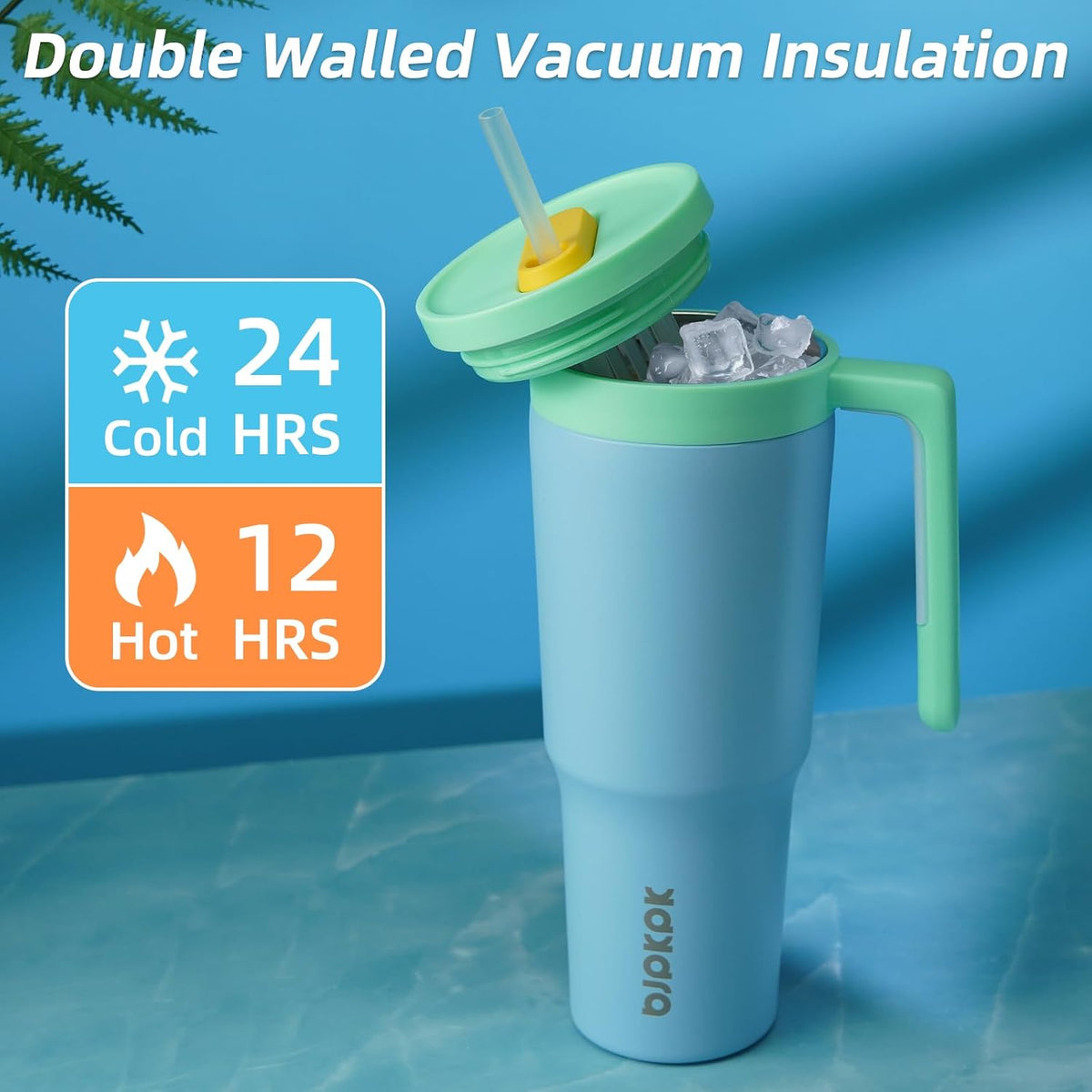 40 oz Tumbler with Handle, Straw & Lid, Insulated Stainless Steel | Travel, Double Wall Vacuum, Keeps Hot/Cold, Spill Proof, Fruit Infuser, BPA Free, Camping, Mint Green