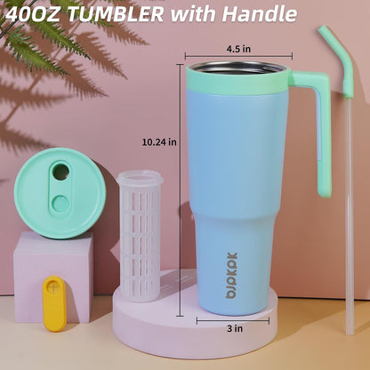 40 oz Tumbler with Handle, Straw & Lid, Insulated Stainless Steel | Travel, Double Wall Vacuum, Keeps Hot/Cold, Spill Proof, Fruit Infuser, BPA Free, Camping, Mint Green
