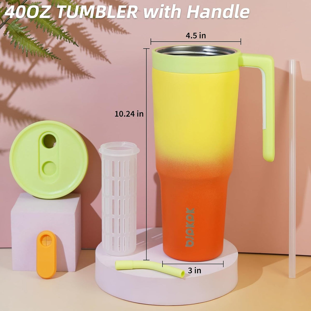 40 oz Tumbler with Handle, Straw & Lid, Insulated Stainless Steel | Travel, Double Wall Vacuum, Keeps Hot/Cold, Spill Proof, Fruit Infuser, BPA Free, Camping, Mint Green