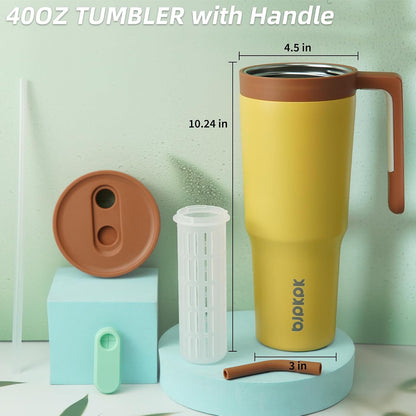40 oz Tumbler with Handle, Straw & Lid, Insulated Stainless Steel | Travel, Double Wall Vacuum, Keeps Hot/Cold, Spill Proof, Fruit Infuser, BPA Free, Camping, Mint Green
