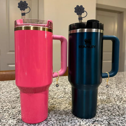 Stanley Cup Accessories, 1pc Flower Stanley Straw Cover Silicone Straw Topper for Stanley 30&40 oz Tumbler with Handle and 1pc Initial Letter Charm for Stanley Cup (Letter C)