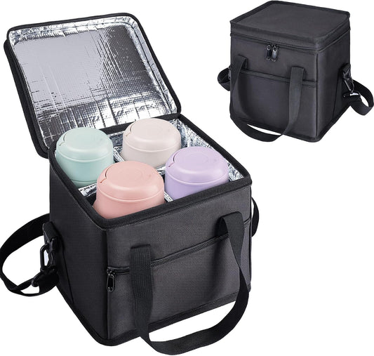 4 Cup Drink Carrier with Handle 8.94" L x 8.27" W x 9.49" H, Black | Insulated Anti-Tip Bottle Caddy, Cup Holder with Adjustable Sividers & Shoulder Strap, for Delivery, Car and Travel