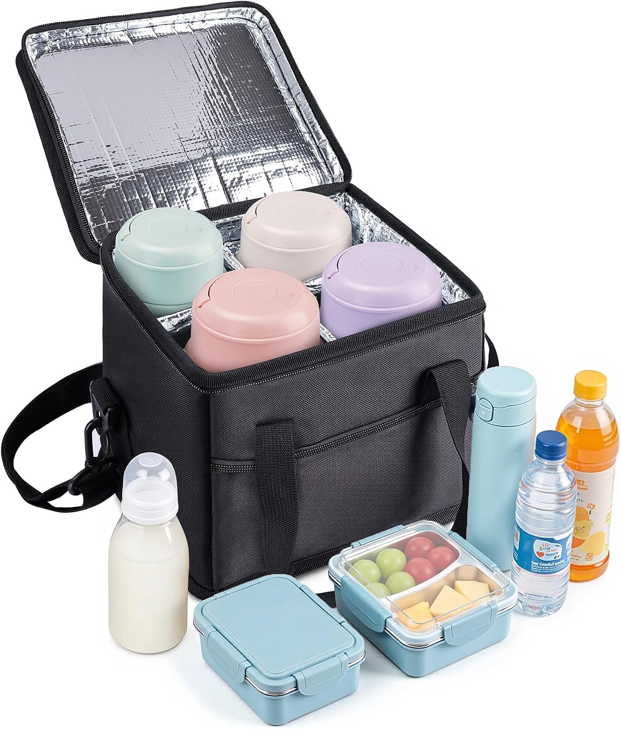 4 Cup Drink Carrier with Handle 8.94" L x 8.27" W x 9.49" H, Black | Insulated Anti-Tip Bottle Caddy, Cup Holder with Adjustable Sividers & Shoulder Strap, for Delivery, Car and Travel