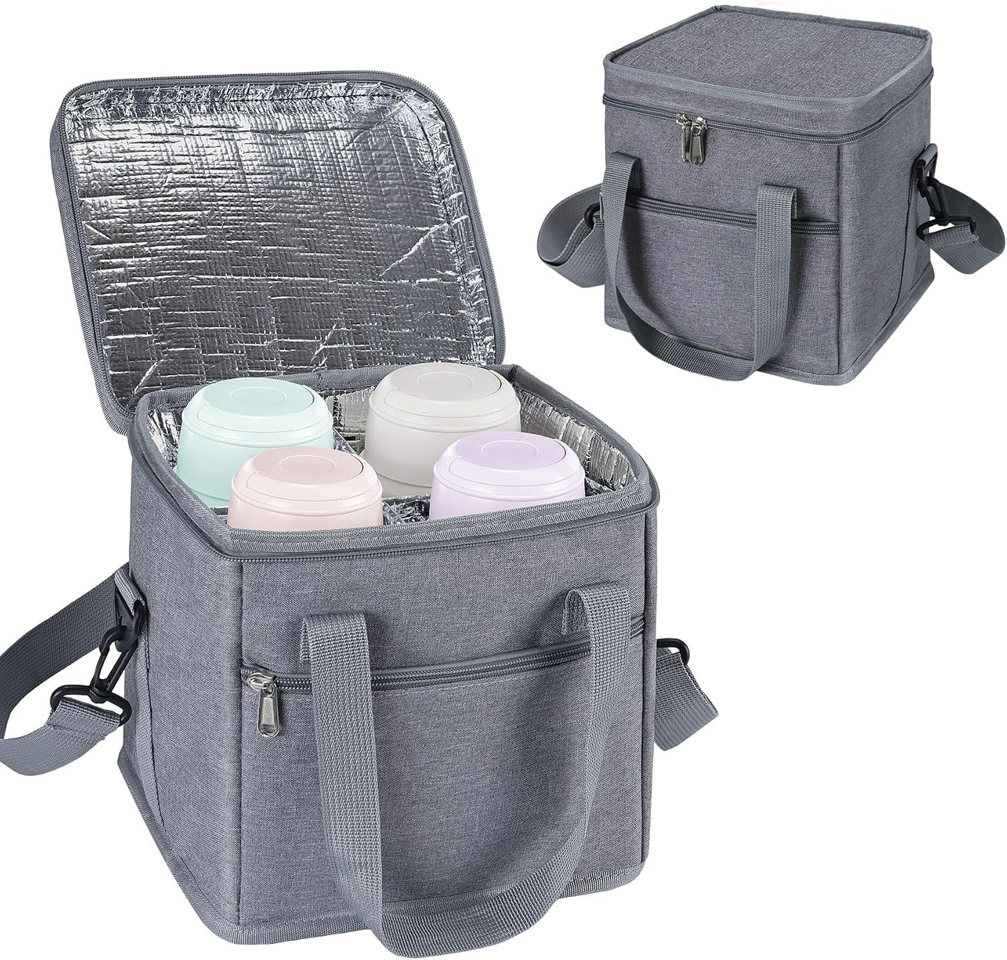 4 Cup Drink Carrier with Handle 8.94" L x 8.27" W x 9.49" H, Black | Insulated Anti-Tip Bottle Caddy, Cup Holder with Adjustable Sividers & Shoulder Strap, for Delivery, Car and Travel