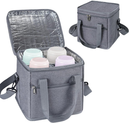 4 Cup Drink Carrier with Handle 8.94" L x 8.27" W x 9.49" H, Black | Insulated Anti-Tip Bottle Caddy, Cup Holder with Adjustable Sividers & Shoulder Strap, for Delivery, Car and Travel