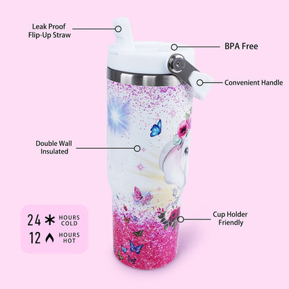Butterfly 30 OZ Tumbler with Handle Flip Straw Lid Leak Proof | 30oz Butterfly Travel Coffee Mug Christmas Mothers Day Birthday Gifts for Women Lovers 30 Ounce Cup
