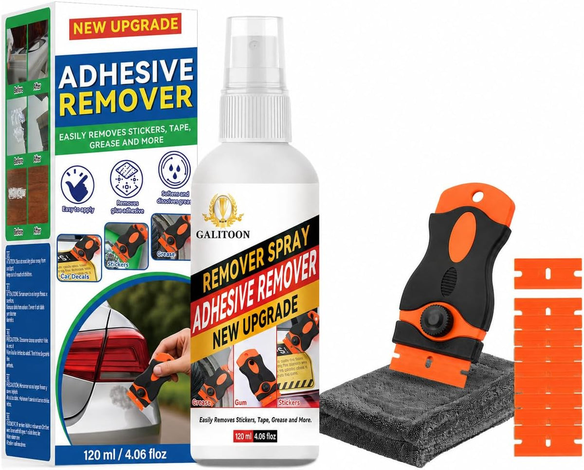 Adhesive Remover, Sticker Remover Spray with Plastic Scraper and Cleaning Cloth, Surface-Friendly Formula for Removing Sticker Residue, Tape Marks and Adhesive Build-Up from Glass,Floors and Cars