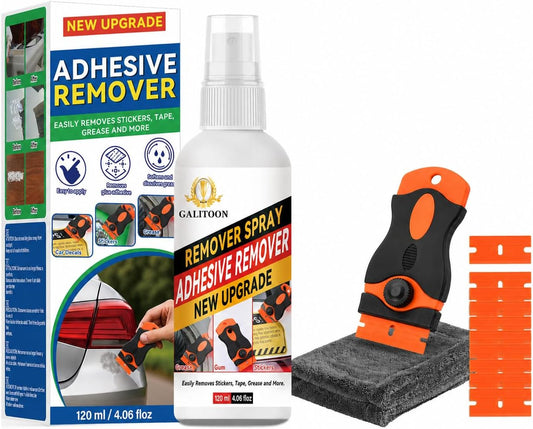 Adhesive Remover, Sticker Remover Spray with Plastic Scraper and Cleaning Cloth, Surface-Friendly Formula for Removing Sticker Residue, Tape Marks and Adhesive Build-Up from Glass,Floors and Cars