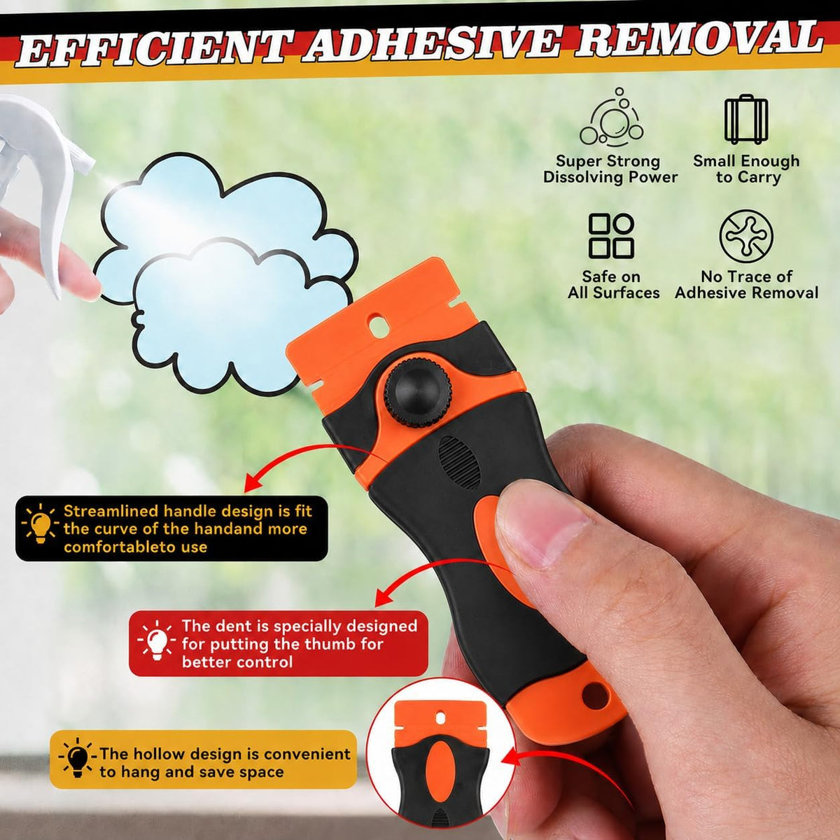 Adhesive Remover, Sticker Remover Spray with Plastic Scraper and Cleaning Cloth, Surface-Friendly Formula for Removing Sticker Residue, Tape Marks and Adhesive Build-Up from Glass,Floors and Cars