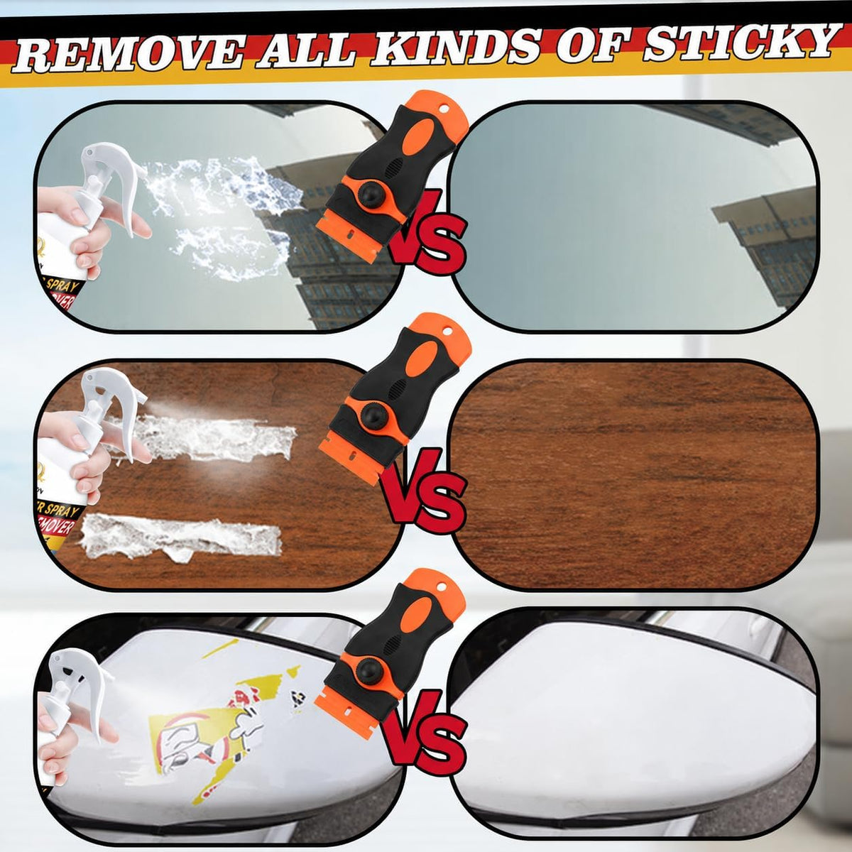 Adhesive Remover, Sticker Remover Spray with Plastic Scraper and Cleaning Cloth, Surface-Friendly Formula for Removing Sticker Residue, Tape Marks and Adhesive Build-Up from Glass,Floors and Cars